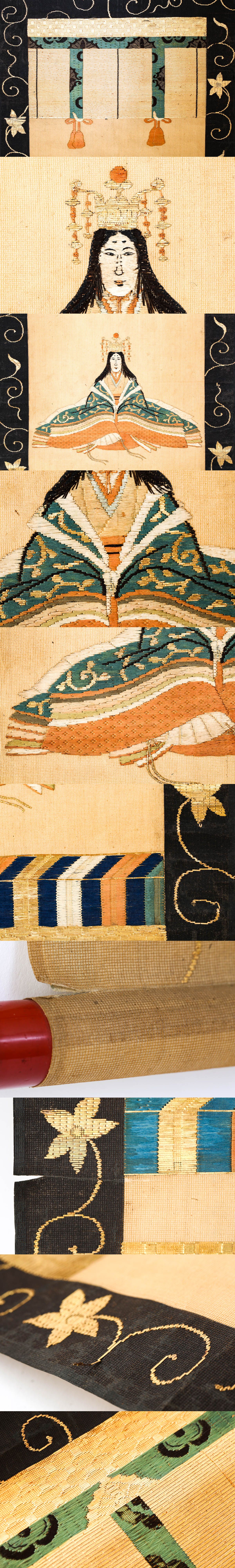 竹屋町刺繍 刺繍画掛軸 雛之図 夫婦雛図 1対 2幅 細密 日本画 骨董品